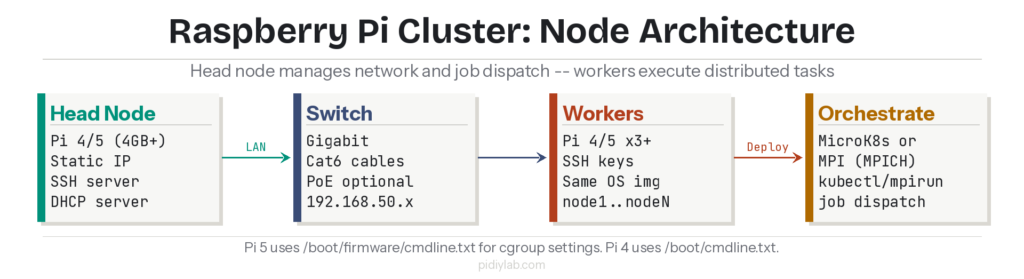 Raspberry Pi cluster node architecture diagram: head node, gigabit switch, worker nodes, and MicroK8s orchestration layer