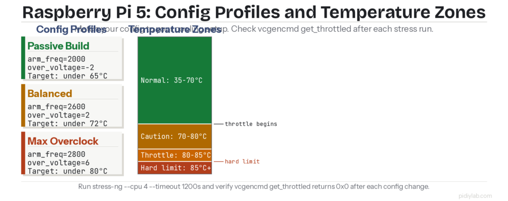 Raspberry Pi 5 overclocking monitoring commands and temperature ranges reference diagram showing safe operating zones