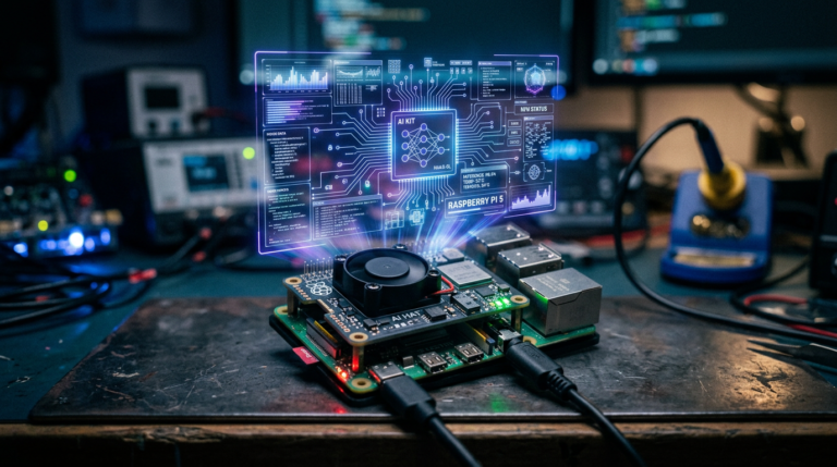 Raspberry Pi 5 board with AI HAT and virtual AI system interface