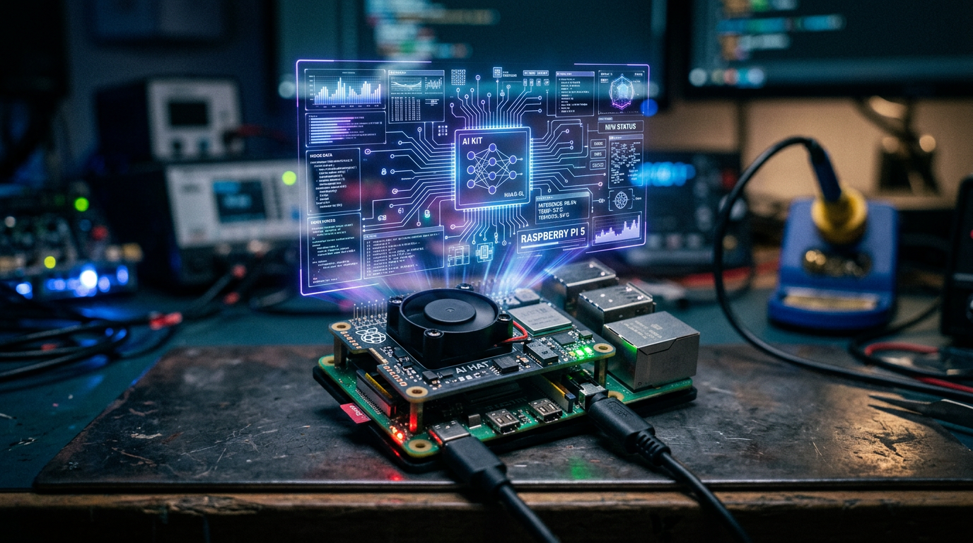 Raspberry Pi 5 board with AI HAT and virtual AI system interface