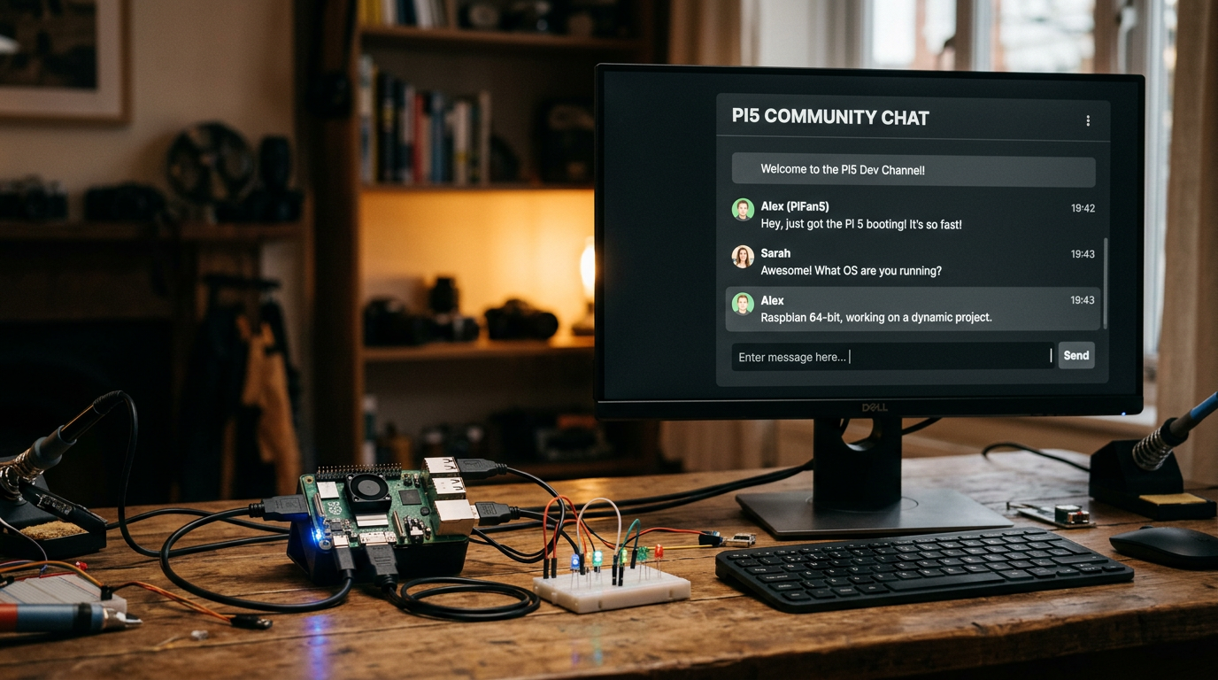 Raspberry Pi 5 connected to a monitor showing a community chat interface