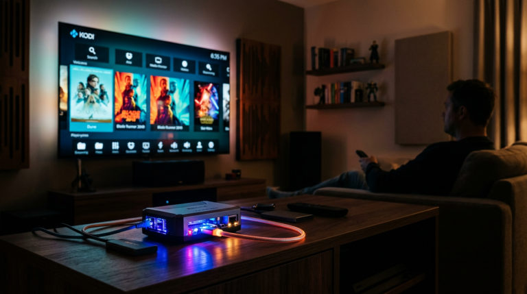 Living room with TV displaying Kodi media center interface and a small computer device on the table.