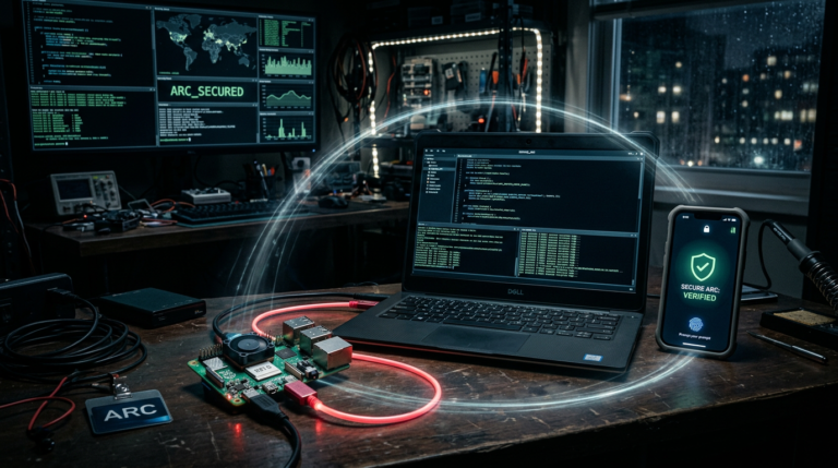 Laptop displaying code, circuit board with glowing cables, and phone showing 'SECURE ARC: VERIFIED'