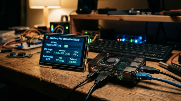 Raspberry Pi 5 with a status dashboard screen displaying uptime, CPU, memory, temperature, disk, and network information